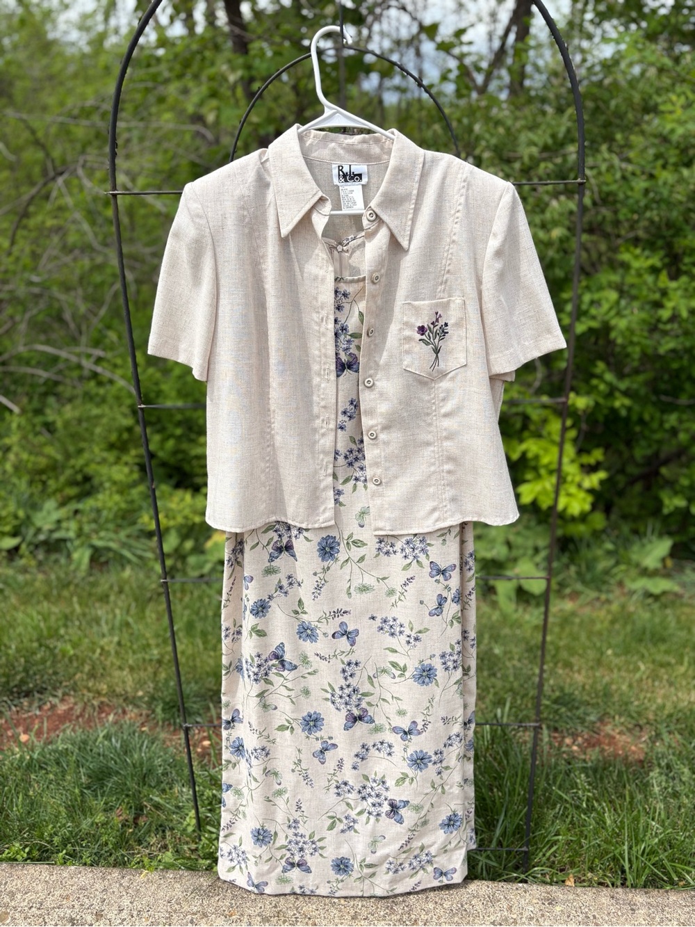 Vintage Cream Maxi Dress Jacket Short Sleeve Blue Floral Butterfly Cottagecore